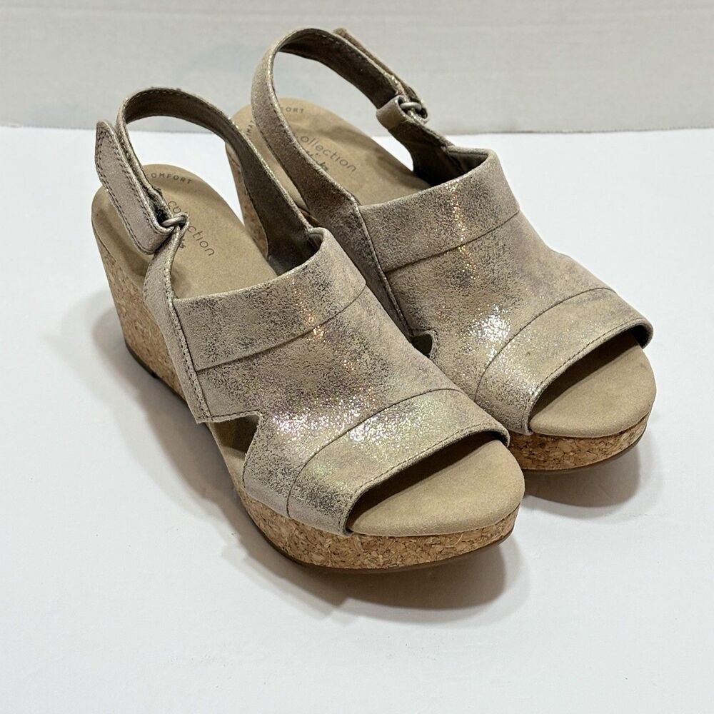 Clarks Collection Annadel Ivory Pewter Metallic Cork Wedge Sandals Size 8.5